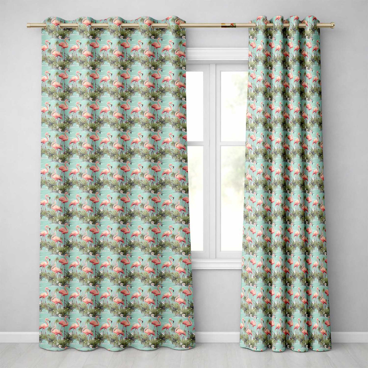 Soft Pink Flamingo Birds in Calm Water Scene Seamless Pattern  Readymade Eyelet Ring Top Thermal 100% Blackout Curtains