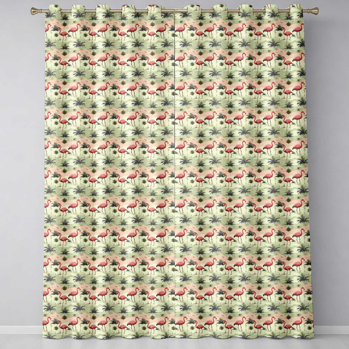 Flamingo Birds with Natural Grass Wetland Seamless Pattern  Readymade Eyelet Ring Top Thermal 100% Blackout Curtains