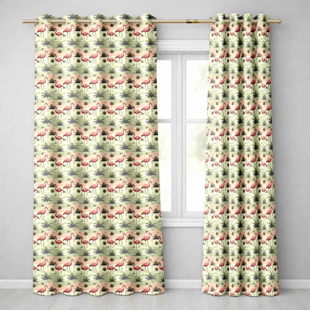 Flamingo Birds with Natural Grass Wetland Seamless Pattern  Readymade Eyelet Ring Top Thermal 100% Blackout Curtains