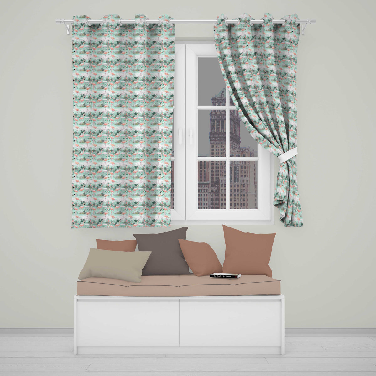 Delicate Flamingo Birds with Soft Floral Water Scene Seamless Pattern  Readymade Eyelet Ring Top Thermal 100% Blackout Curtains