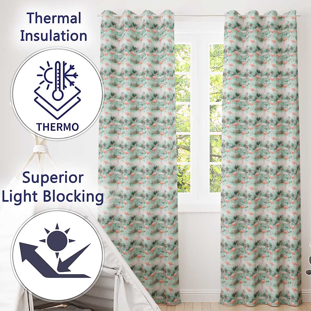 Delicate Flamingo Birds with Soft Floral Water Scene Seamless Pattern  Readymade Eyelet Ring Top Thermal 100% Blackout Curtains