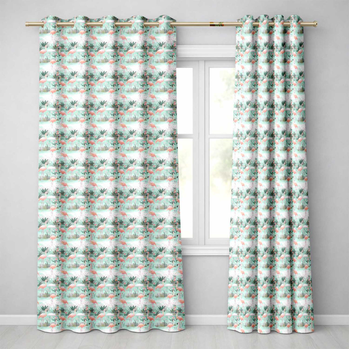 Delicate Flamingo Birds with Soft Floral Water Scene Seamless Pattern  Readymade Eyelet Ring Top Thermal 100% Blackout Curtains