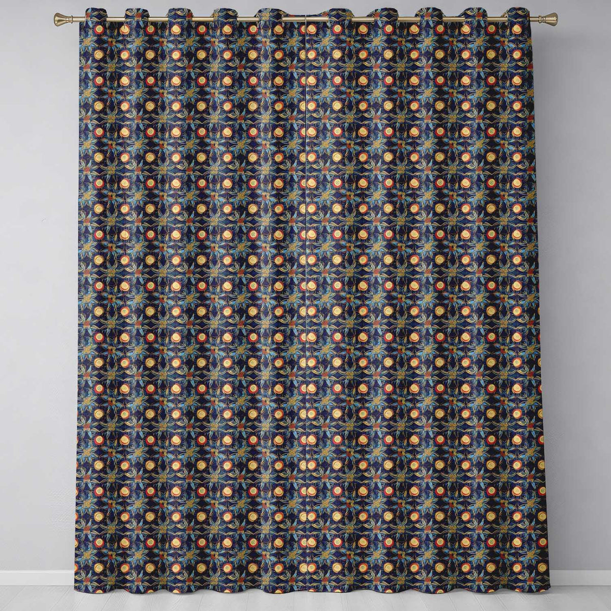 Dark Navy Gold Botanical Floral Luxury Seamless Pattern  Readymade Eyelet Ring Top Thermal 100% Blackout Curtains