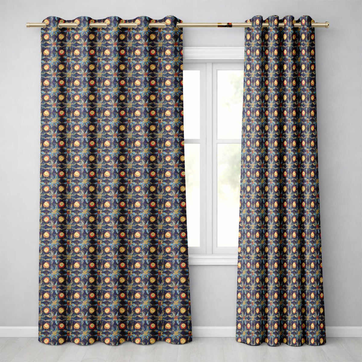 Dark Navy Gold Botanical Floral Luxury Seamless Pattern  Readymade Eyelet Ring Top Thermal 100% Blackout Curtains