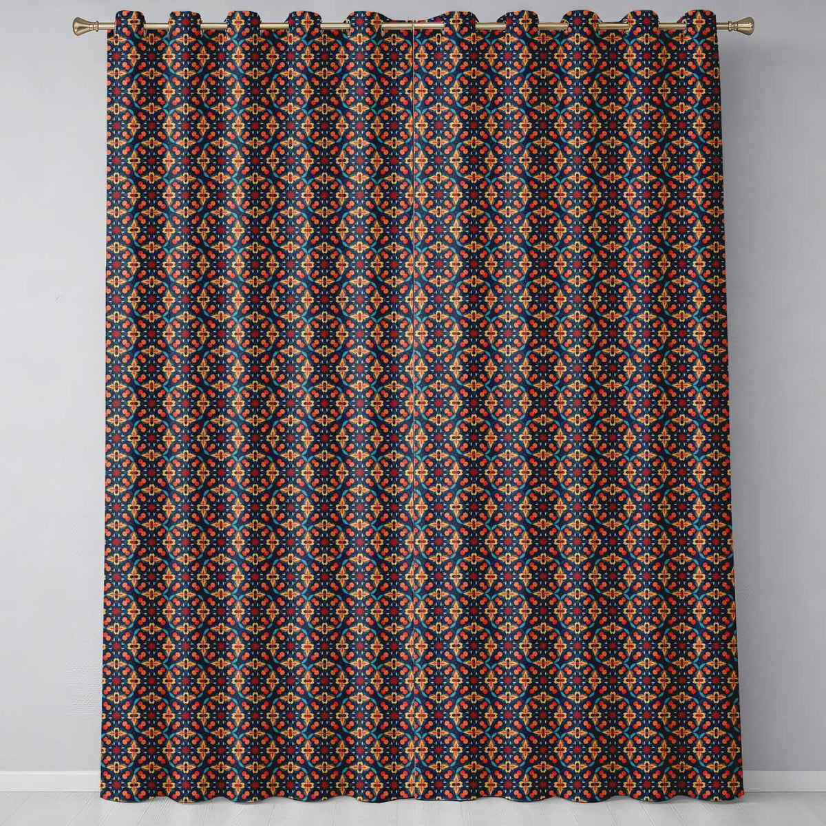 Geometric Floral Pattern with Orange Teal and Gold Symmetry  Readymade Eyelet Ring Top Thermal 100% Blackout Curtains