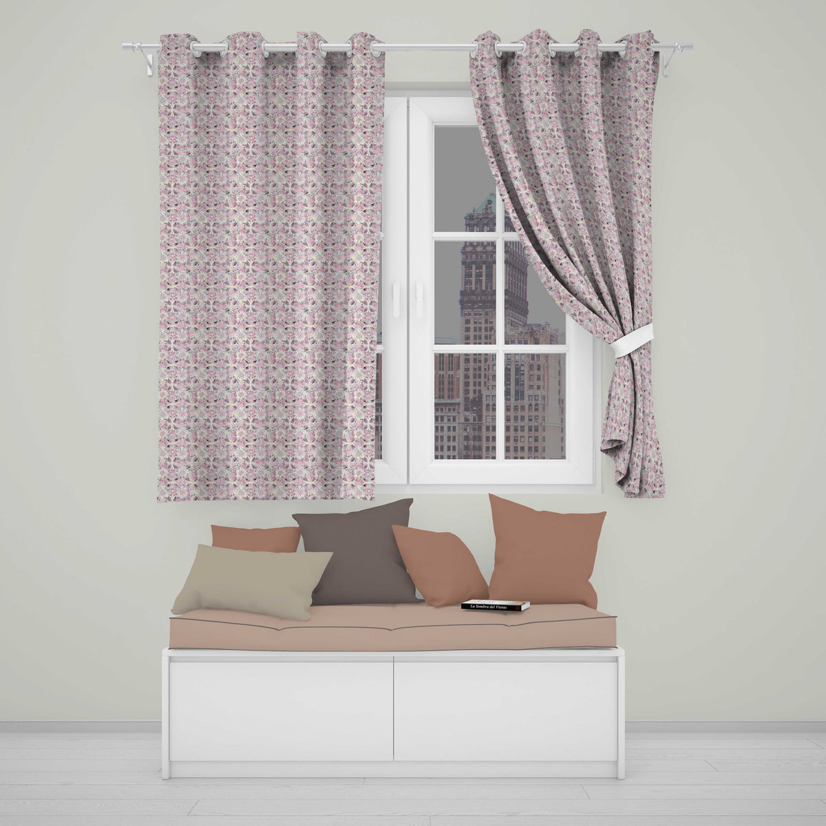 Soft Vintage Floral Lace Pattern in Beige and Lavender Tones Elegant Repeat  Readymade Eyelet Ring Top Thermal 100% Blackout Curtains