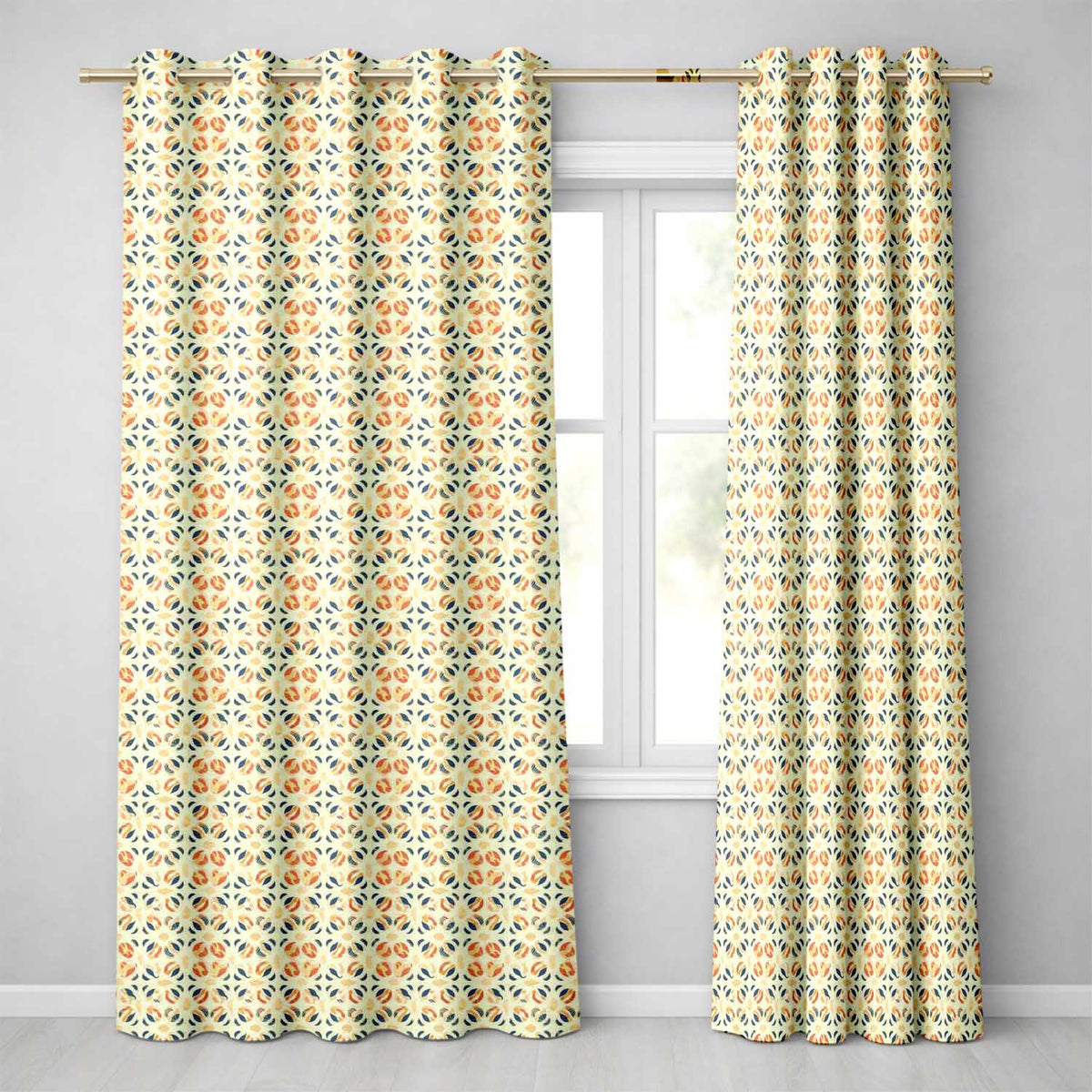 Modern Organic Leaf and Petal Pattern in Warm Neutrals and Blue Accents  Readymade Eyelet Ring Top Thermal 100% Blackout Curtains