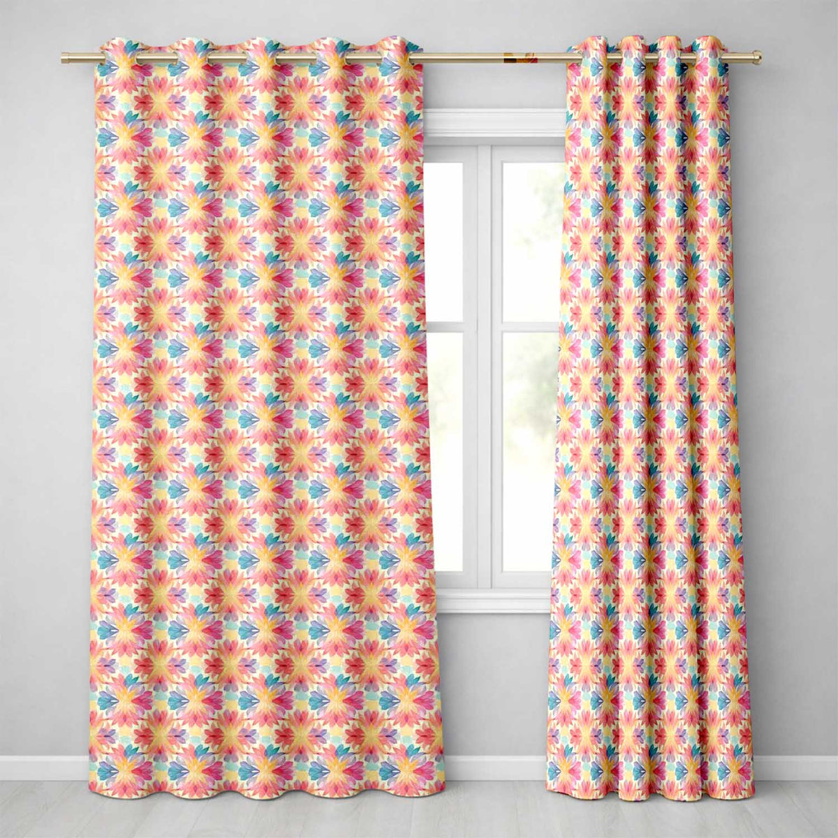 Soft Watercolour Floral Burst Pattern in Pastel Pink Yellow and Blue  Readymade Eyelet Ring Top Thermal 100% Blackout Curtains