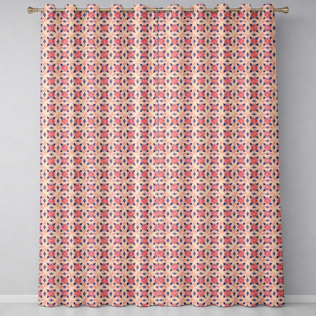 Elegant Geometric Floral Star Pattern in Blush Pink and Navy Tones  Readymade Eyelet Ring Top Thermal 100% Blackout Curtains