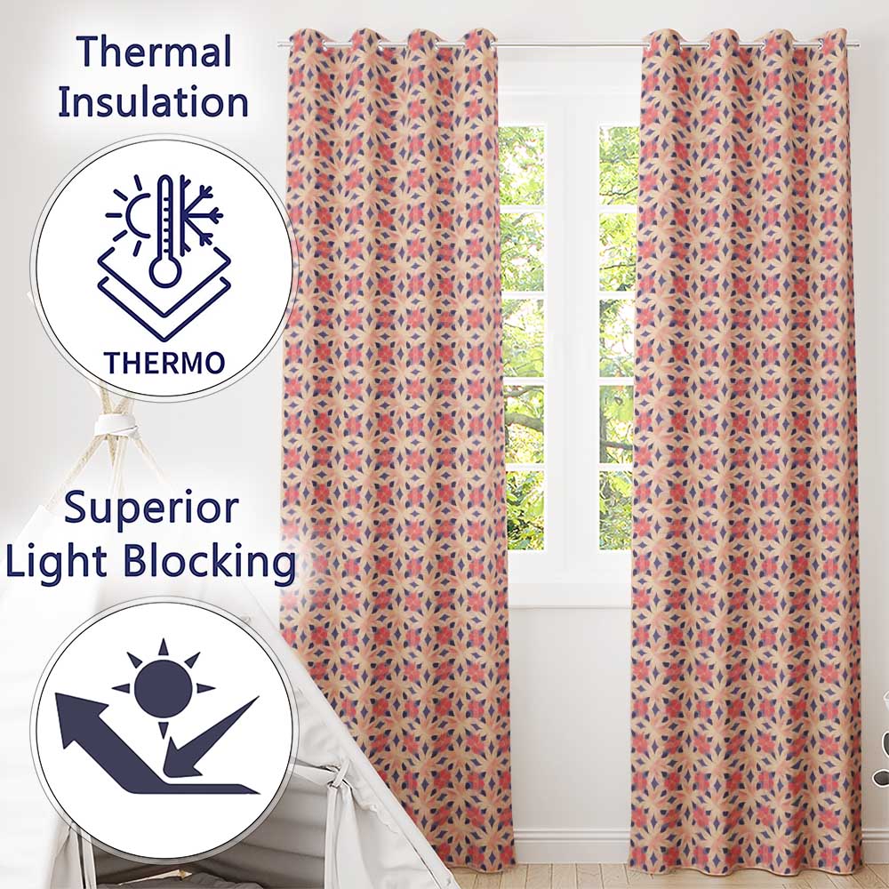 Elegant Geometric Floral Star Pattern in Blush Pink and Navy Tones  Readymade Eyelet Ring Top Thermal 100% Blackout Curtains