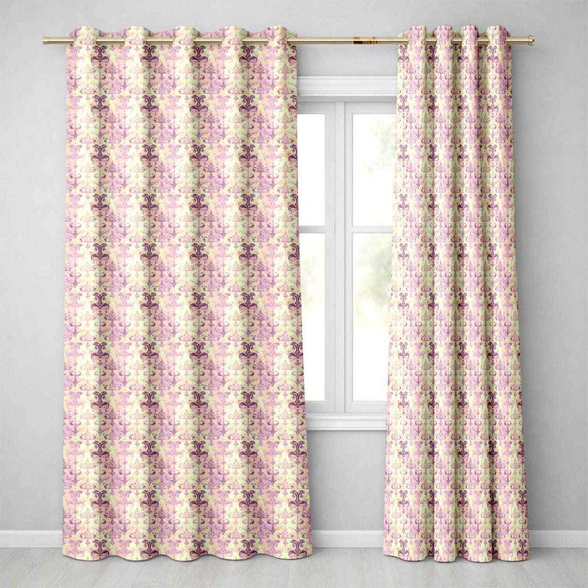 Shabby Chic Purple Damask Fleur De Lis Pattern Distressed Vintage Style  Readymade Eyelet Ring Top Thermal 100% Blackout Curtains