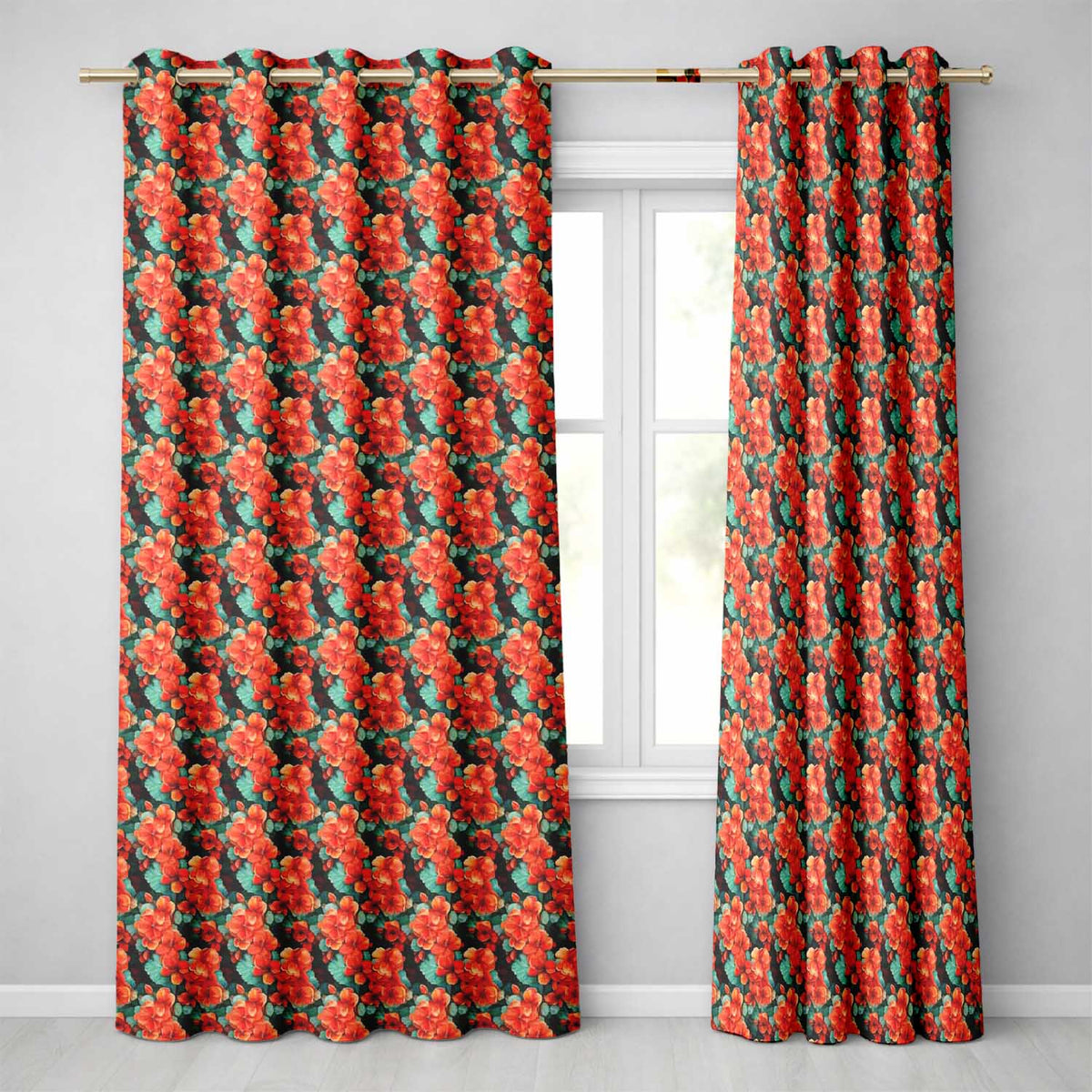 Bold Orange Hibiscus Floral Seamless Pattern Teal Leaf Tropical Style  Readymade Eyelet Ring Top Thermal 100% Blackout Curtains