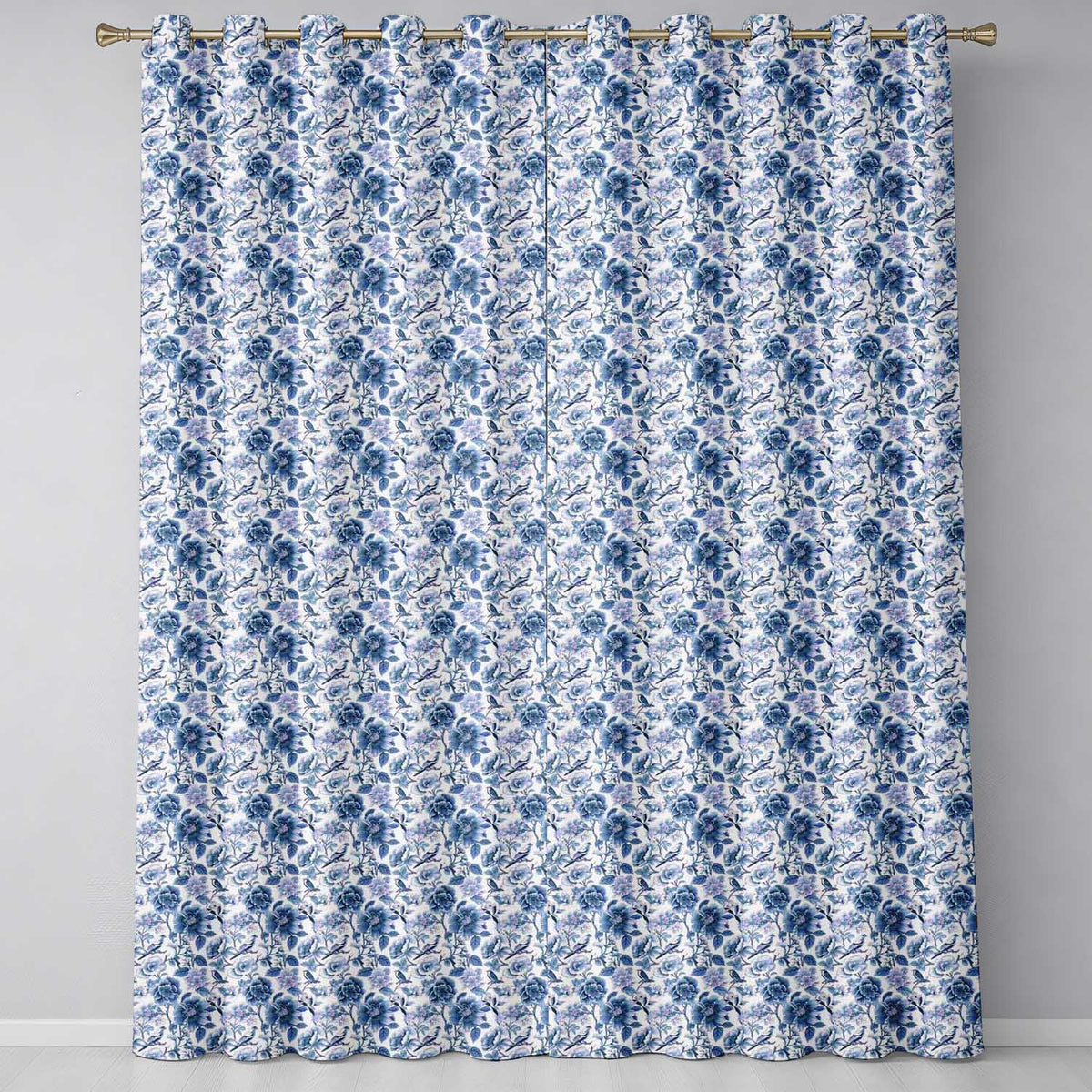 Blue Floral and Bird Detailed Seamless Pattern Classic Toile Textile  Readymade Eyelet Ring Top Thermal 100% Blackout Curtains