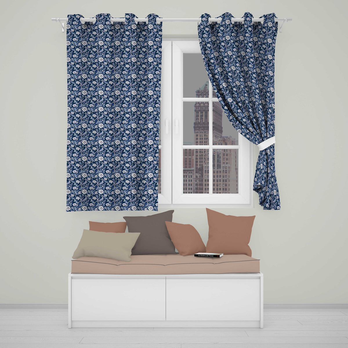 Elegant Blue Floral Birds Branch Pattern Seamless Vintage Style  Readymade Eyelet Ring Top Thermal 100% Blackout Curtains