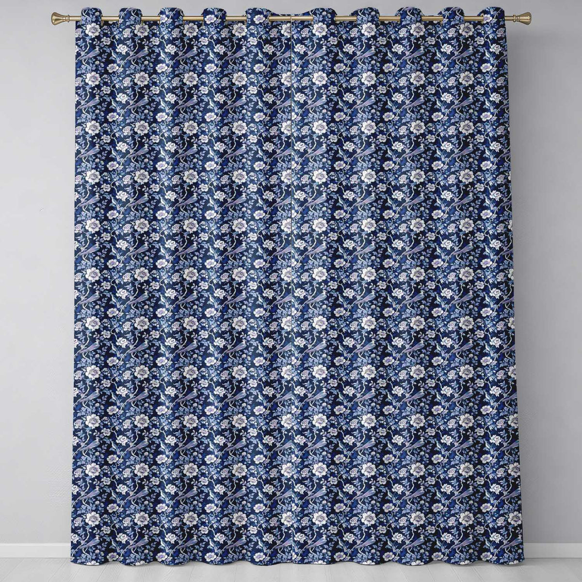 Elegant Blue Floral Birds Branch Pattern Seamless Vintage Style  Readymade Eyelet Ring Top Thermal 100% Blackout Curtains
