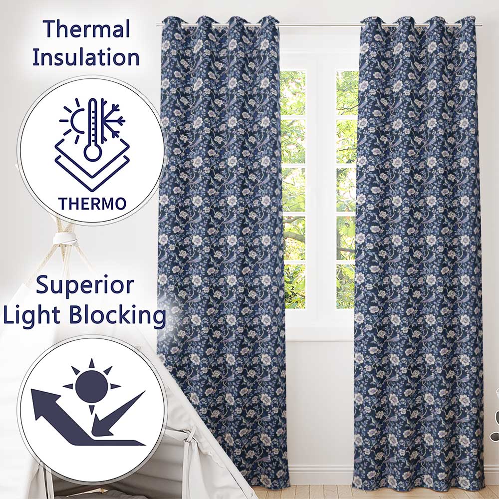 Elegant Blue Floral Birds Branch Pattern Seamless Vintage Style  Readymade Eyelet Ring Top Thermal 100% Blackout Curtains