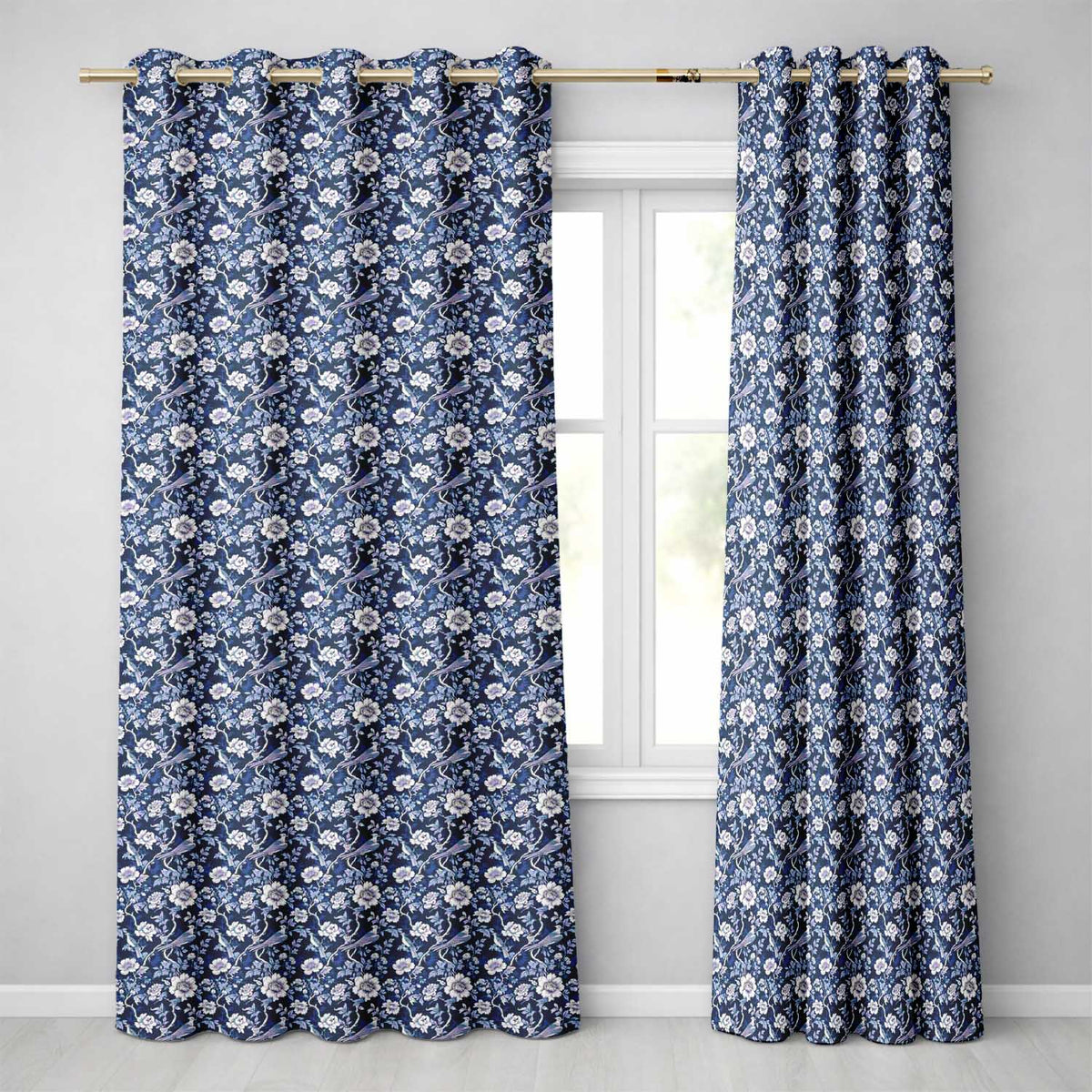 Elegant Blue Floral Birds Branch Pattern Seamless Vintage Style  Readymade Eyelet Ring Top Thermal 100% Blackout Curtains