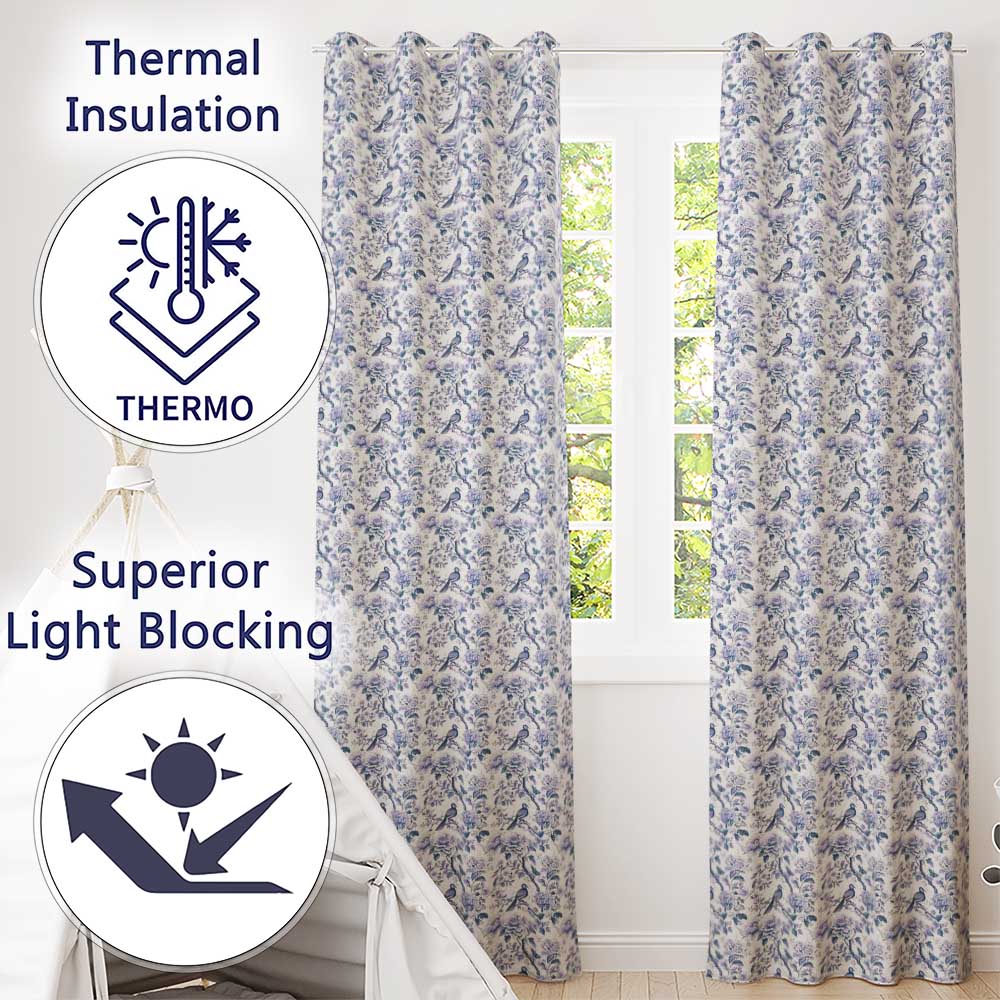 Soft Blue Floral Bird Branch Toile Style Seamless Vintage Pattern  Readymade Eyelet Ring Top Thermal 100% Blackout Curtains