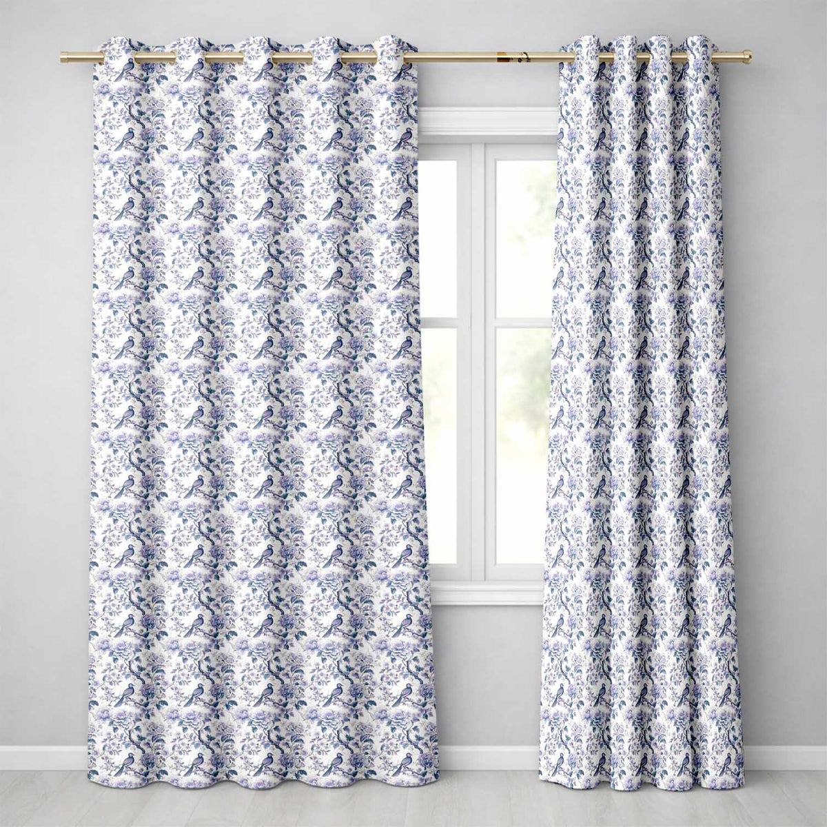 Soft Blue Floral Bird Branch Toile Style Seamless Vintage Pattern  Readymade Eyelet Ring Top Thermal 100% Blackout Curtains