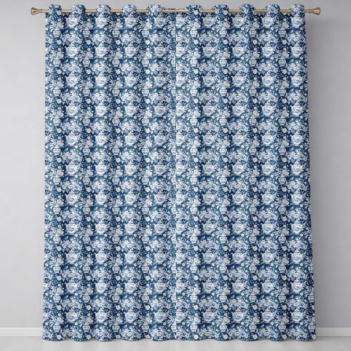 Vintage Blue Porcelain Floral Vase Bird Seamless Pattern  Readymade Eyelet Ring Top Thermal 100% Blackout Curtains
