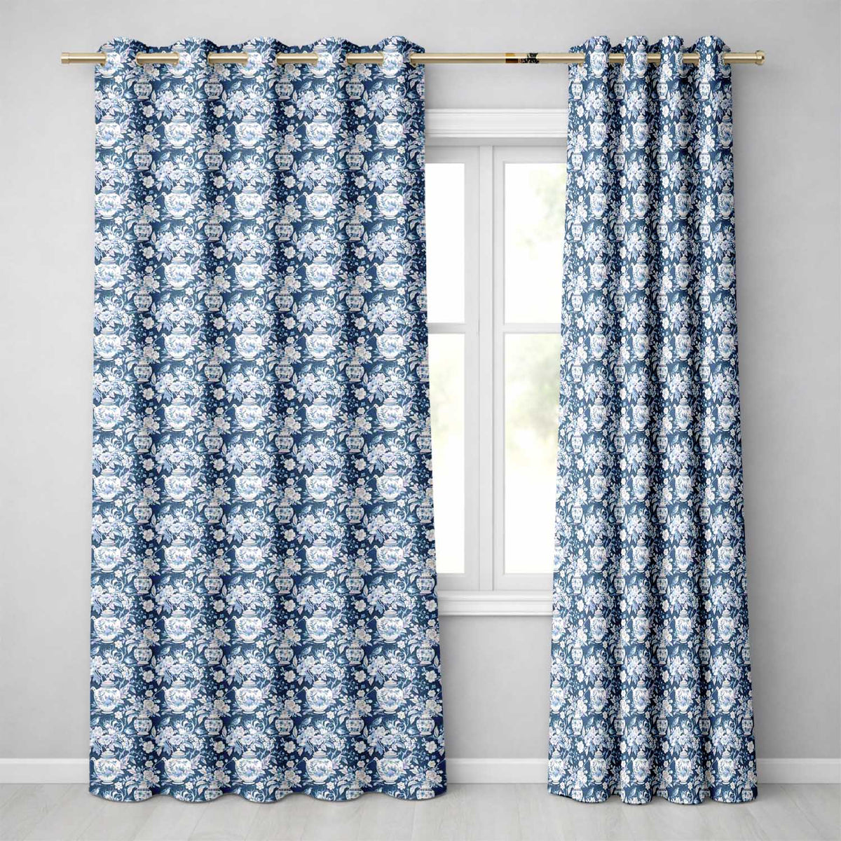 Vintage Blue Porcelain Floral Vase Bird Seamless Pattern  Readymade Eyelet Ring Top Thermal 100% Blackout Curtains