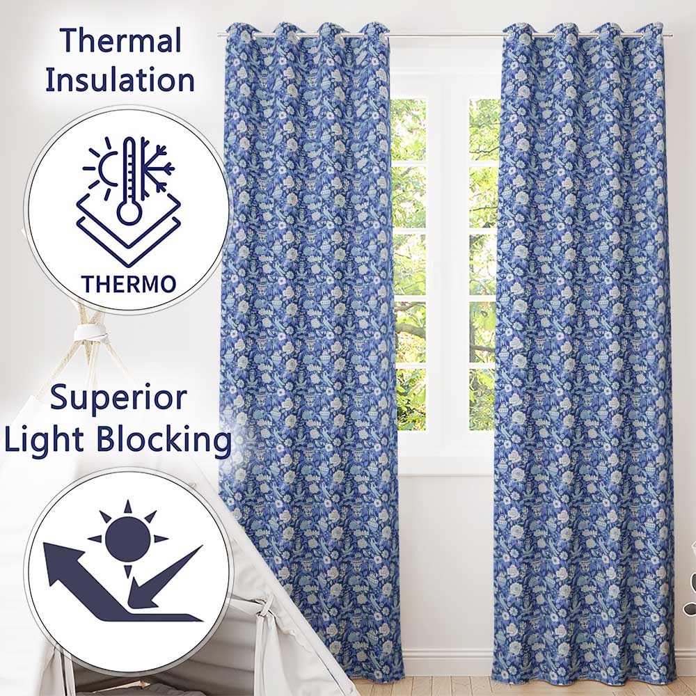 Classic Blue and White Oriental Garden Scenic Seamless Pattern  Readymade Eyelet Ring Top Thermal 100% Blackout Curtains