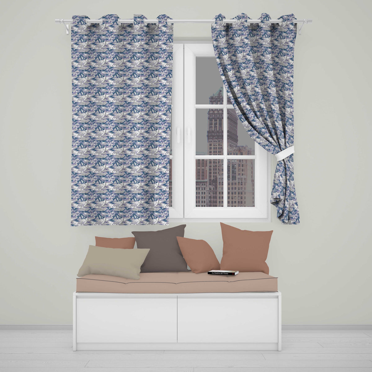 Detailed Blue Crane Garden Pagoda Scenic Seamless Pattern  Readymade Eyelet Ring Top Thermal 100% Blackout Curtains