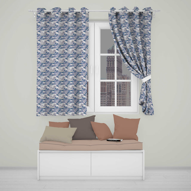 Detailed Blue Crane Garden Pagoda Scenic Seamless Pattern  Readymade Eyelet Ring Top Thermal 100% Blackout Curtains