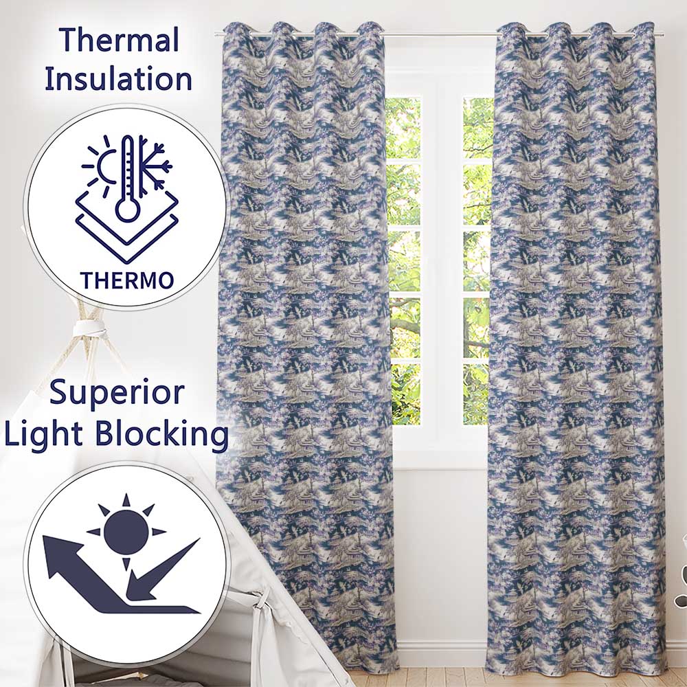 Detailed Blue Crane Garden Pagoda Scenic Seamless Pattern  Readymade Eyelet Ring Top Thermal 100% Blackout Curtains
