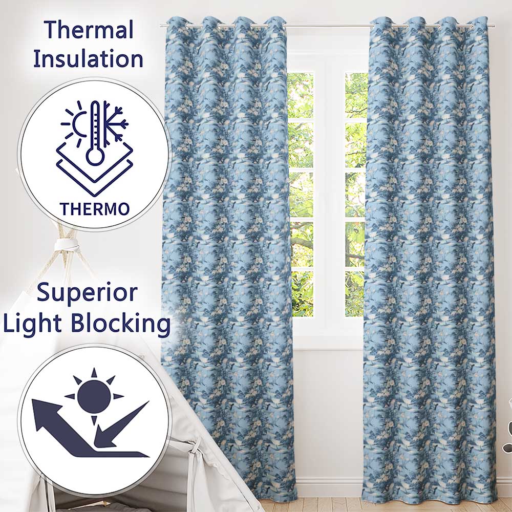Blue Floral Bird Botanical Vintage Seamless Pattern  Readymade Eyelet Ring Top Thermal 100% Blackout Curtains
