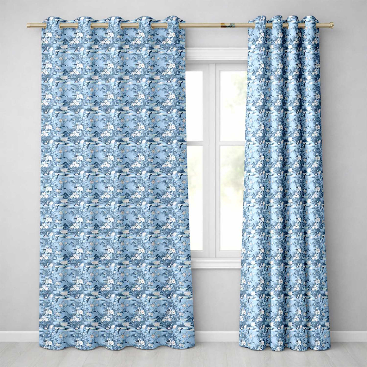 Blue Floral Bird Botanical Vintage Seamless Pattern  Readymade Eyelet Ring Top Thermal 100% Blackout Curtains