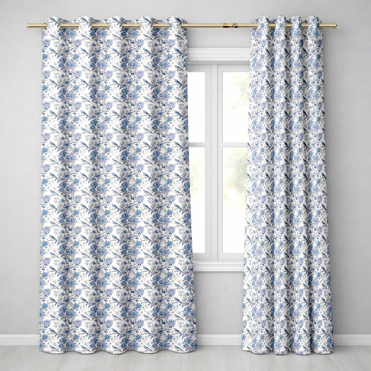 Vintage Blue Birds and Rose Blossom Floral Seamless Pattern  Readymade Eyelet Ring Top Thermal 100% Blackout Curtains