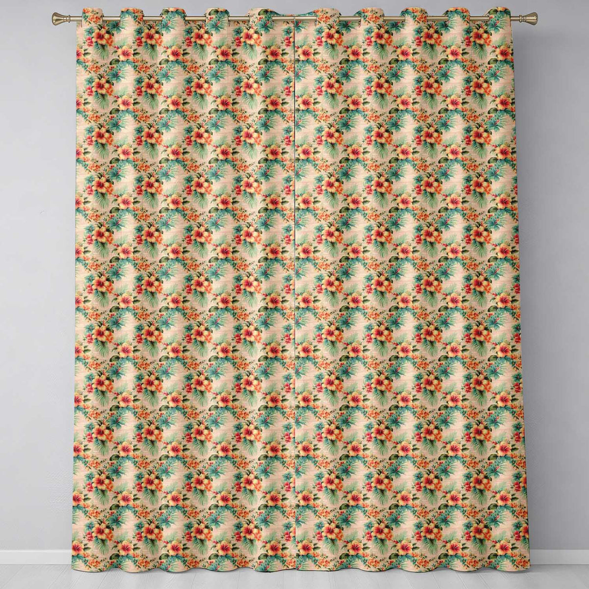Vintage Beige Tropic Hibiscus Palm Floral Seamless Pattern  Readymade Eyelet Ring Top Thermal 100% Blackout Curtains