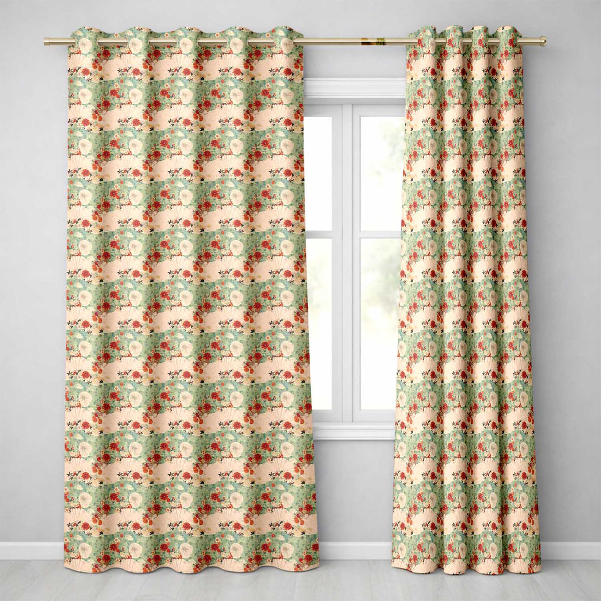 Japanese Fans Floral Blossom Soft Pastel Seamless Pattern  Readymade Eyelet Ring Top Thermal 100% Blackout Curtains
