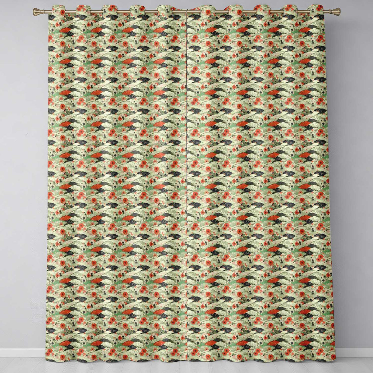 Japanese Fans Sakura Floral Wave Seamless Pattern  Readymade Eyelet Ring Top Thermal 100% Blackout Curtains
