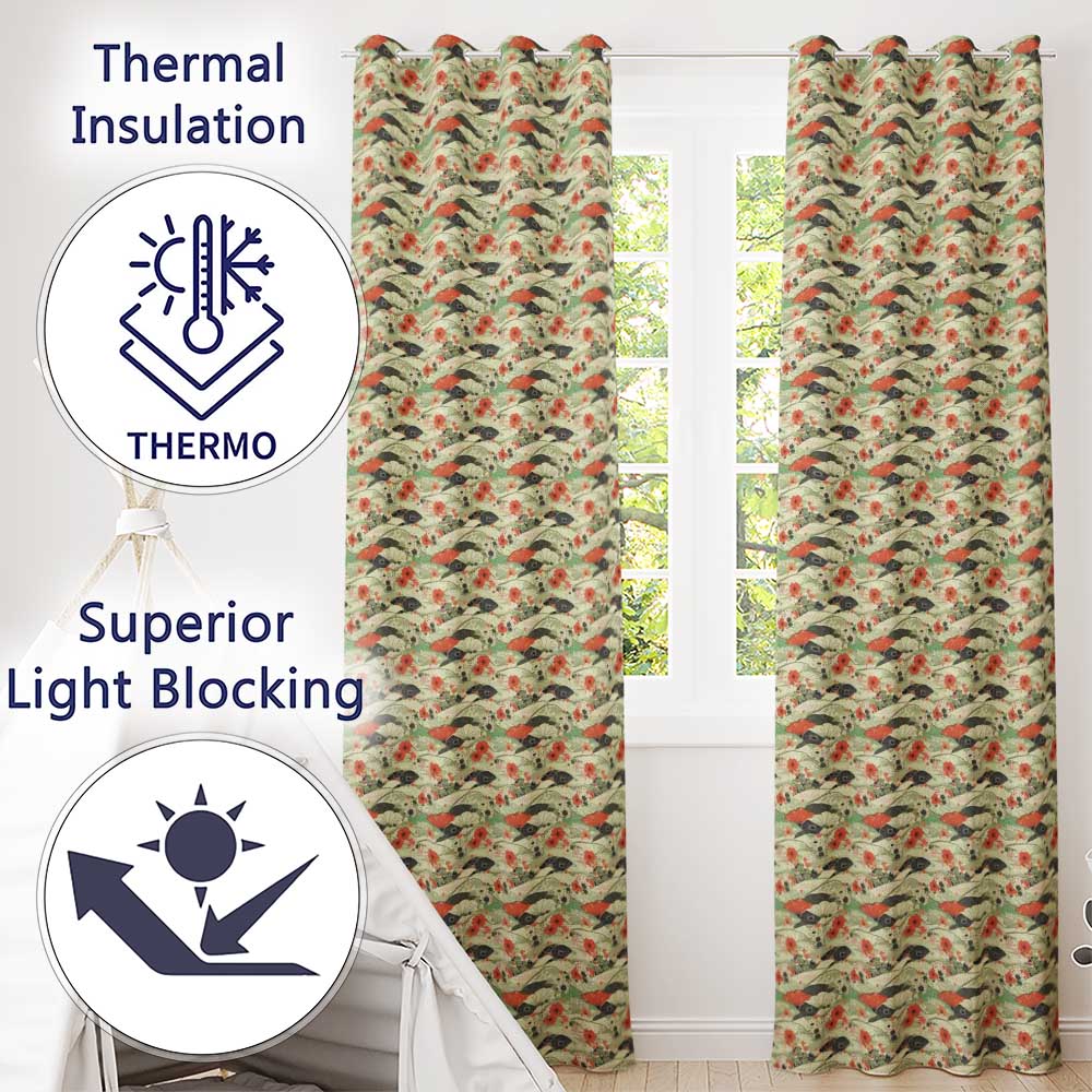 Japanese Fans Sakura Floral Wave Seamless Pattern  Readymade Eyelet Ring Top Thermal 100% Blackout Curtains