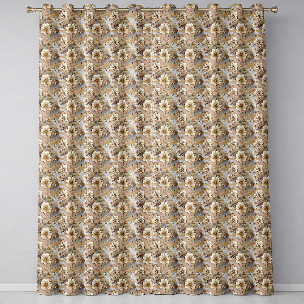 Warm Beige Botanical Flower Garden Seamless Pattern  Readymade Eyelet Ring Top Thermal 100% Blackout Curtains