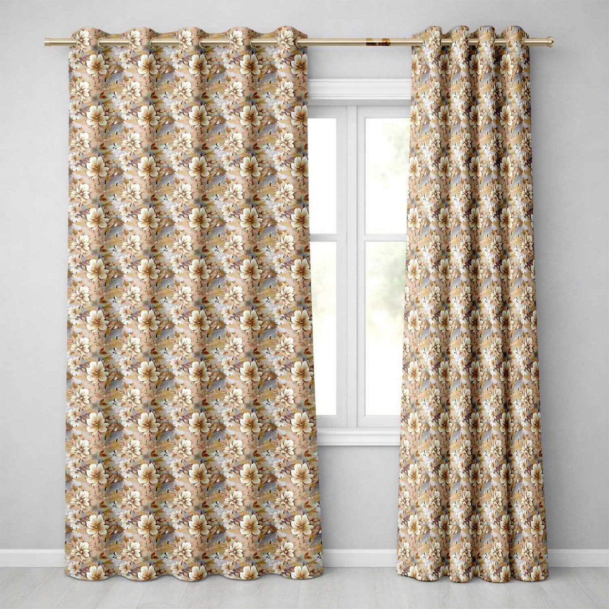 Warm Beige Botanical Flower Garden Seamless Pattern  Readymade Eyelet Ring Top Thermal 100% Blackout Curtains