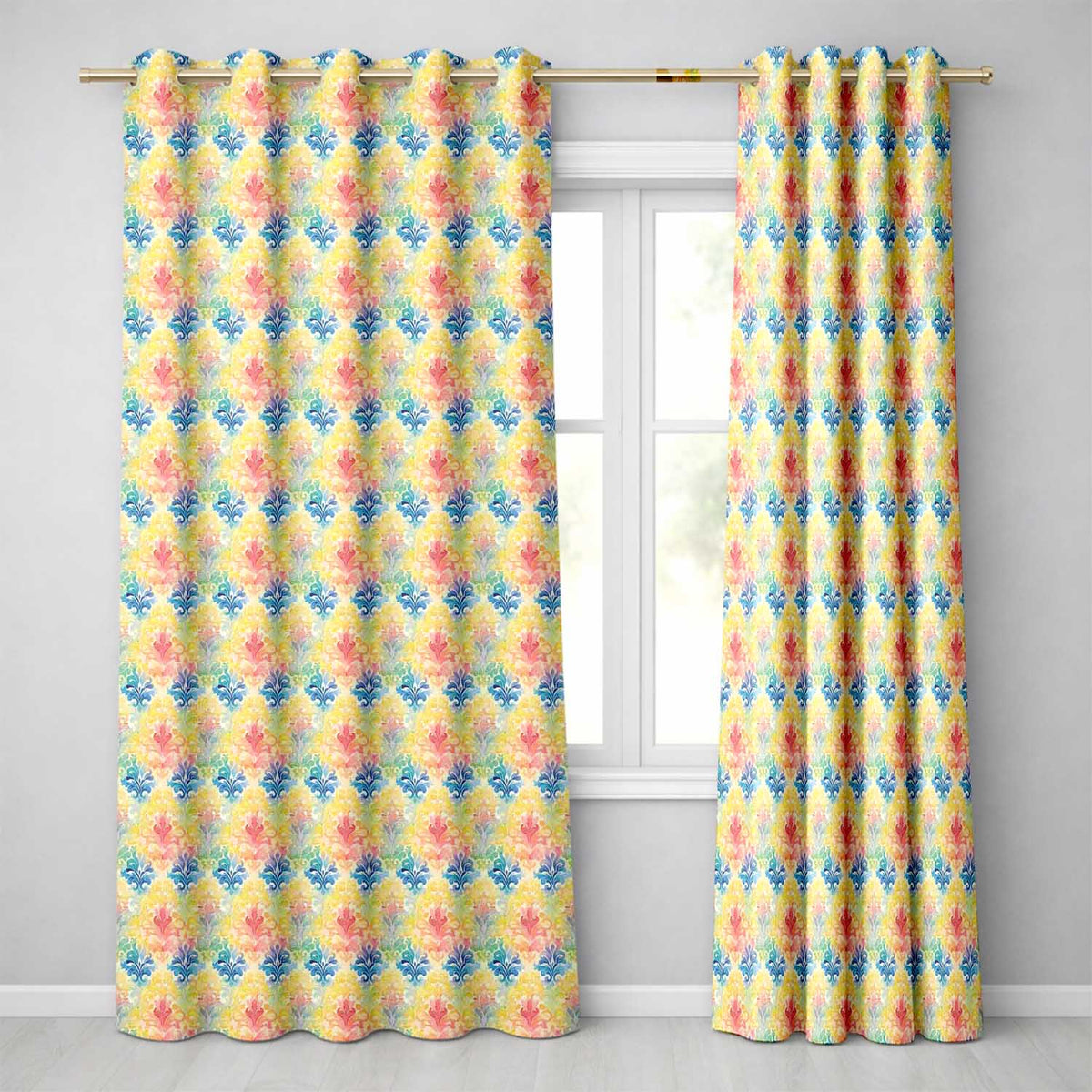 Rainbow Watercolor Damask Artistic Seamless Pattern  Readymade Eyelet Ring Top Thermal 100% Blackout Curtains