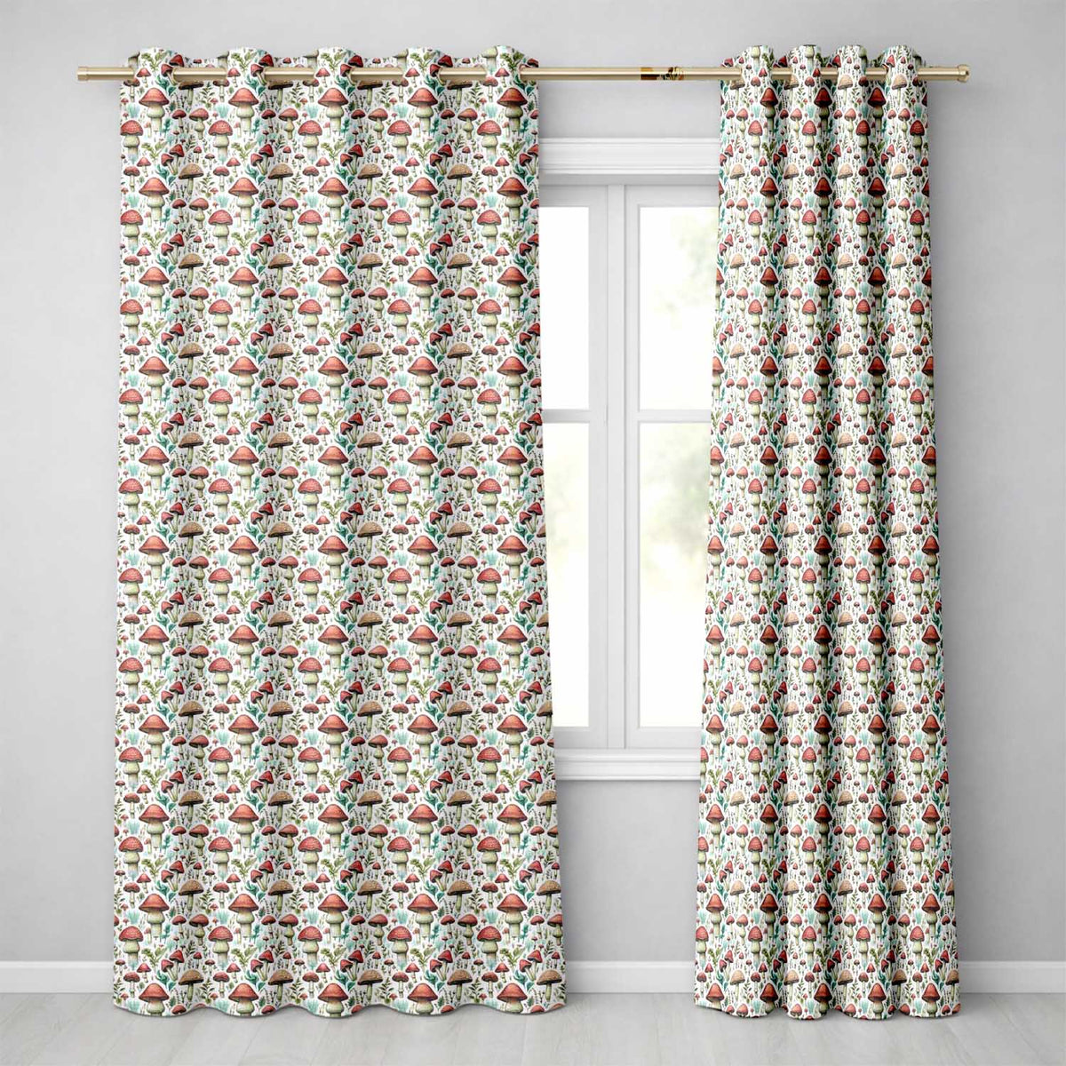 Woodland Red Toadstool Mushroom Botanical Seamless Pattern  Readymade Eyelet Ring Top Thermal 100% Blackout Curtains