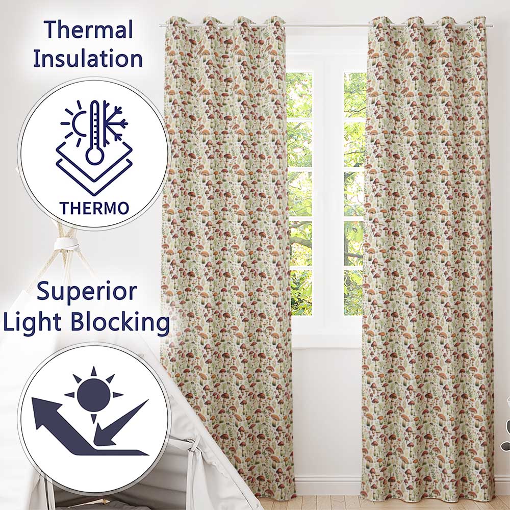 Autumn Woodland Mushroom Leaves Botanical Seamless Pattern  Readymade Eyelet Ring Top Thermal 100% Blackout Curtains