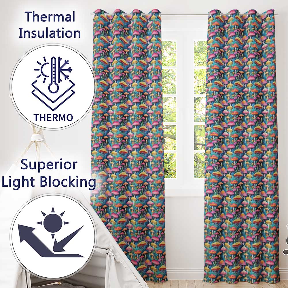 Vibrant Neon Fantasy Mushroom Forest Seamless Pattern  Readymade Eyelet Ring Top Thermal 100% Blackout Curtains