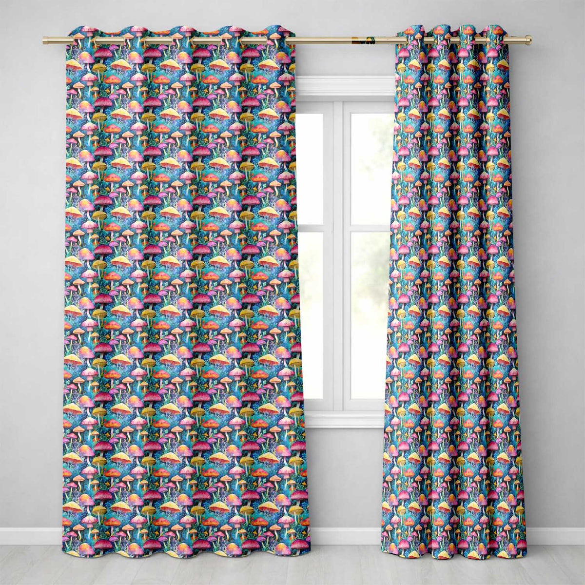 Vibrant Neon Fantasy Mushroom Forest Seamless Pattern  Readymade Eyelet Ring Top Thermal 100% Blackout Curtains