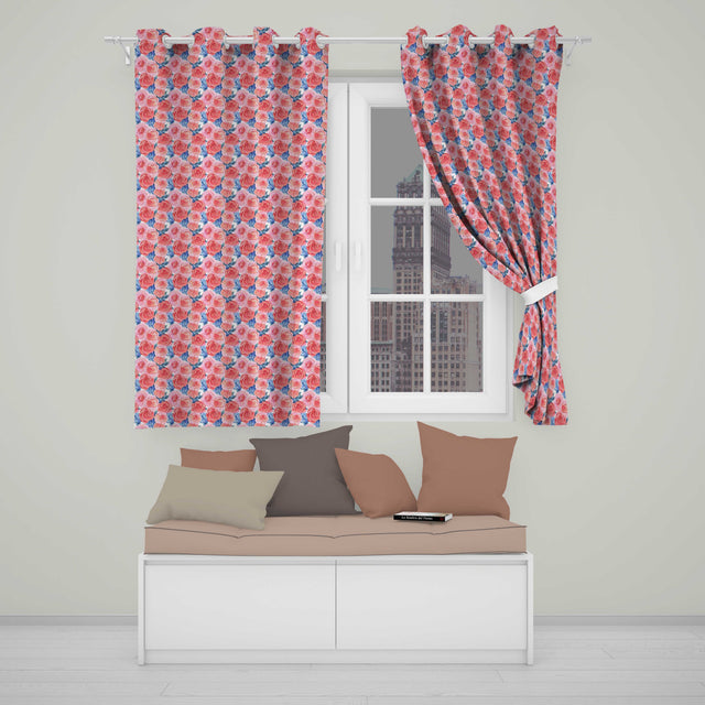 Soft Pink Blue Rose Floral Seamless Pattern  Readymade Eyelet Ring Top Thermal 100% Blackout Curtains