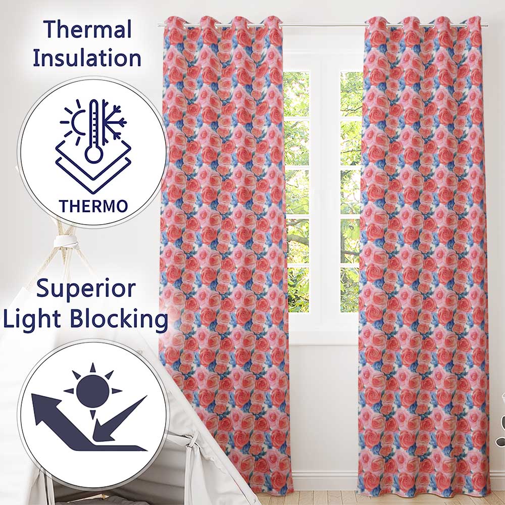 Soft Pink Blue Rose Floral Seamless Pattern  Readymade Eyelet Ring Top Thermal 100% Blackout Curtains