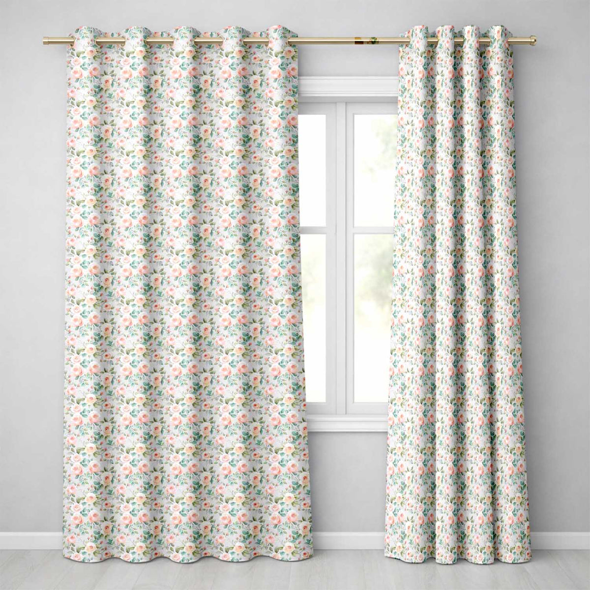 Pastel Rose Leaf Elegant Floral Seamless Pattern  Readymade Eyelet Ring Top Thermal 100% Blackout Curtains