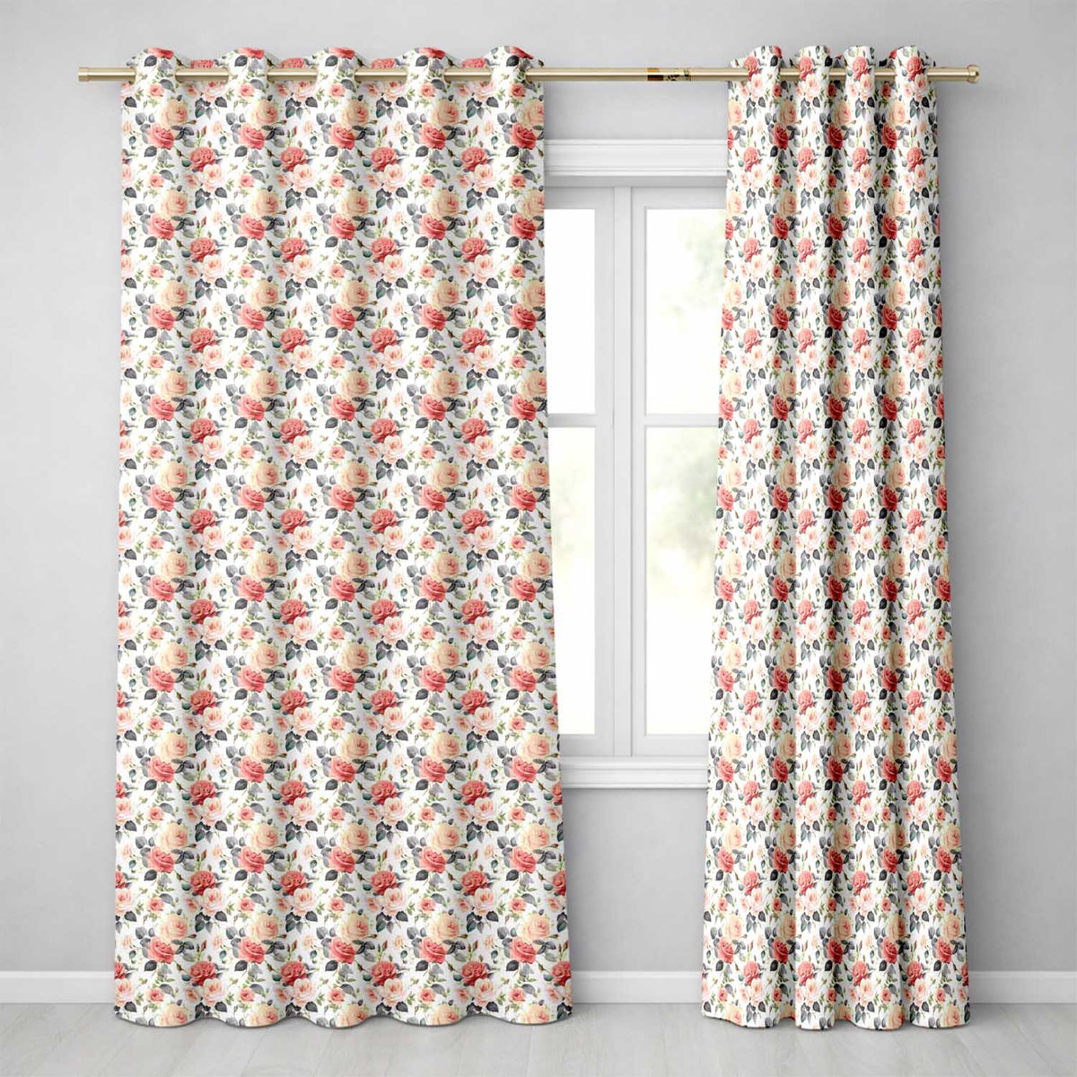 Delicate Peach Rose Botanical Floral Seamless Pattern  Readymade Eyelet Ring Top Thermal 100% Blackout Curtains