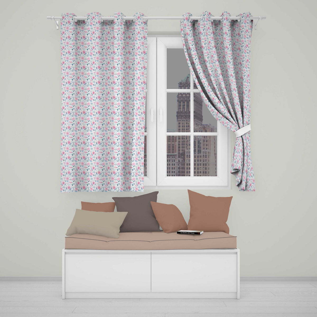 Soft Pink Blue Rose Floral Delicate Seamless Pattern  Readymade Eyelet Ring Top Thermal 100% Blackout Curtains