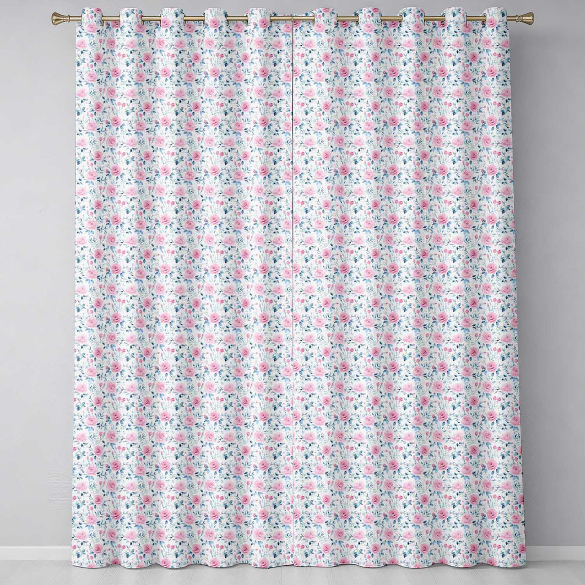 Soft Pink Blue Rose Floral Delicate Seamless Pattern  Readymade Eyelet Ring Top Thermal 100% Blackout Curtains