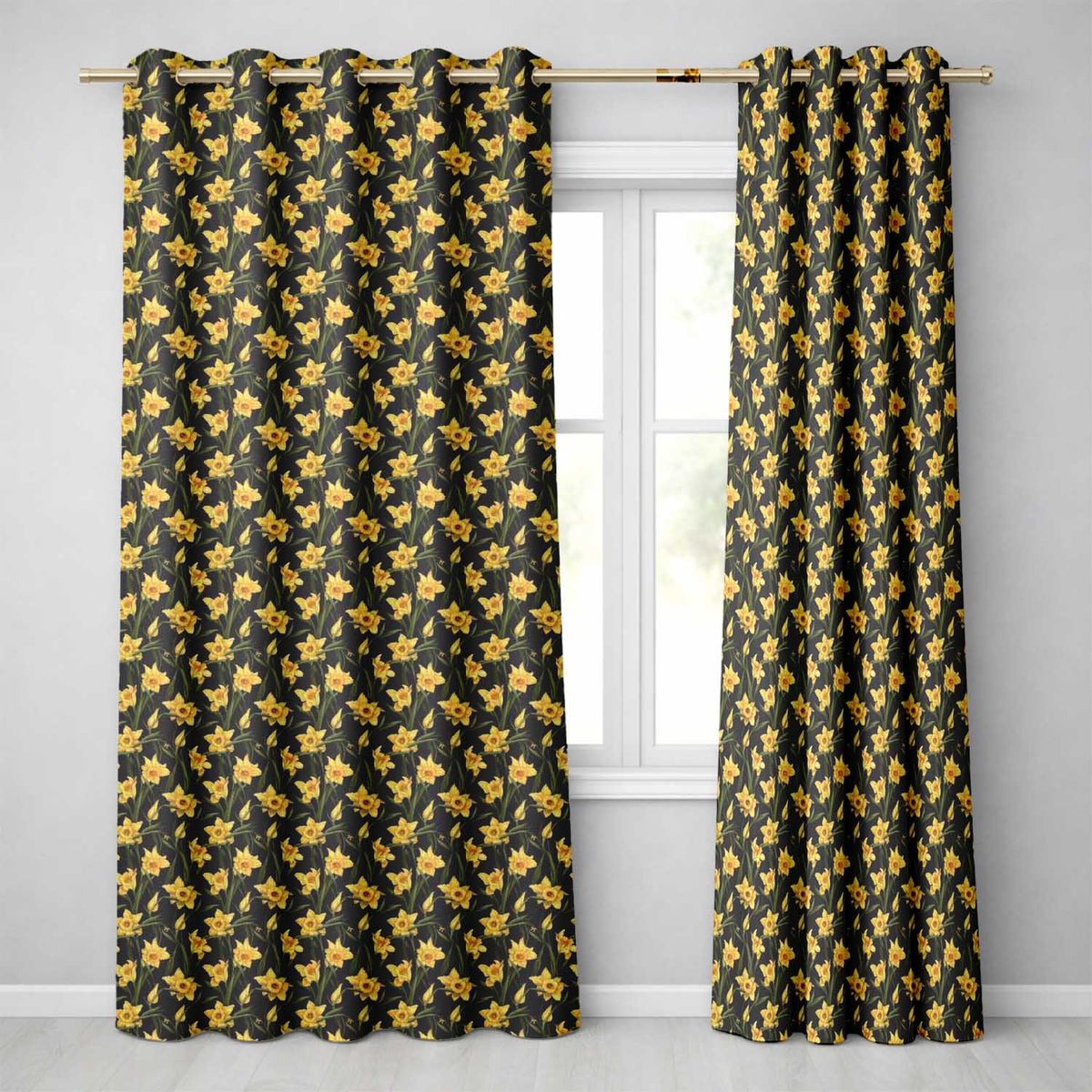 Golden Daffodil Spring Floral Botanical Seamless Pattern  Readymade Eyelet Ring Top Thermal 100% Blackout Curtains